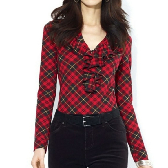 Lauren Ralph Lauren Tops - Ralph Lauren Plaid Ruffle Top Large Red Bl…